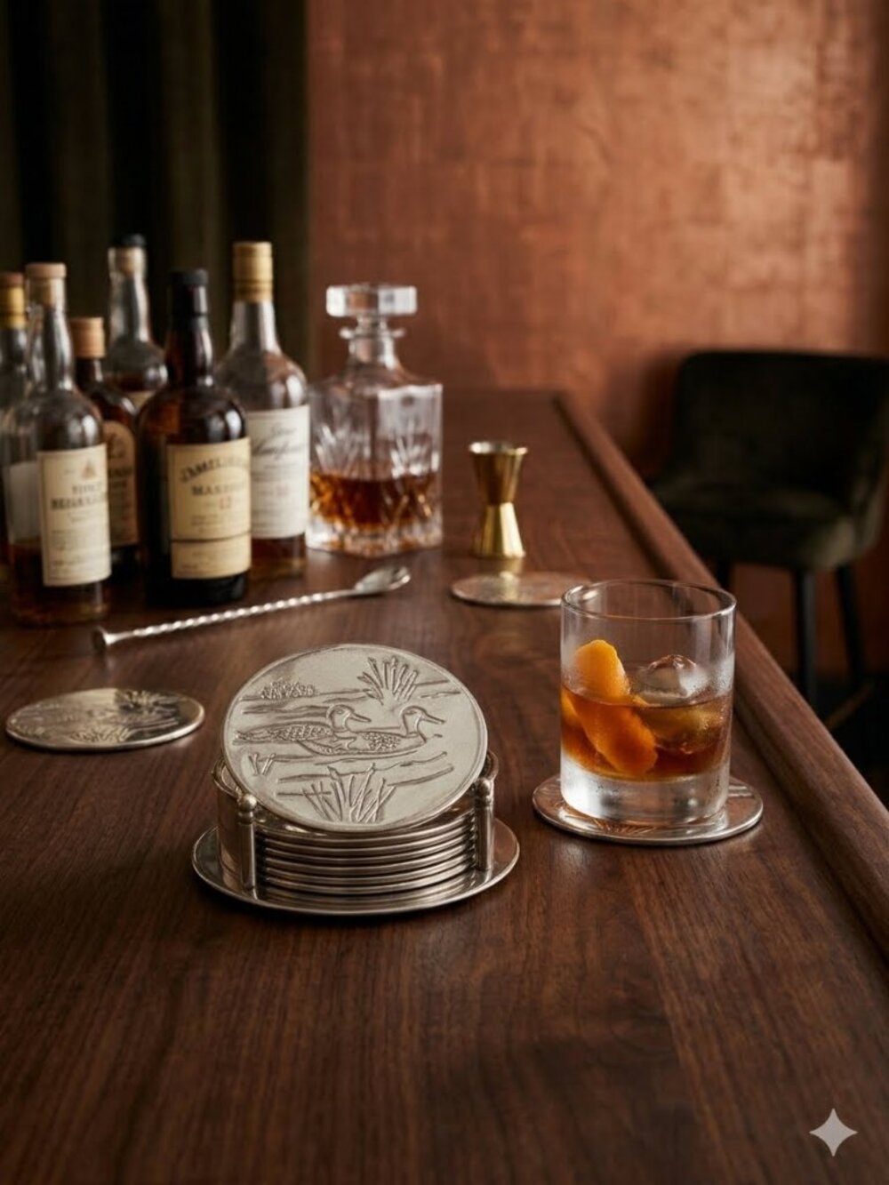 Mid-Century Modern Silver-Plated Coaster Set of 6 with Holder – Ducks